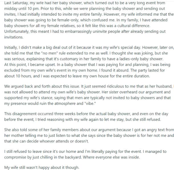 AITA post about husband refusing to leave wife's women-only baby shower 