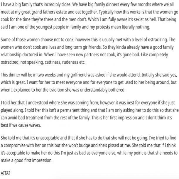 Man Begs His Girlfriend To Stay In The Kitchen & Cook To Avoid 'Bad Treatment' From His Family