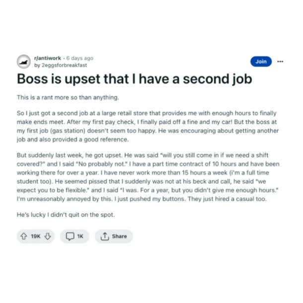 boss upset after worker gets second job to make ends meet