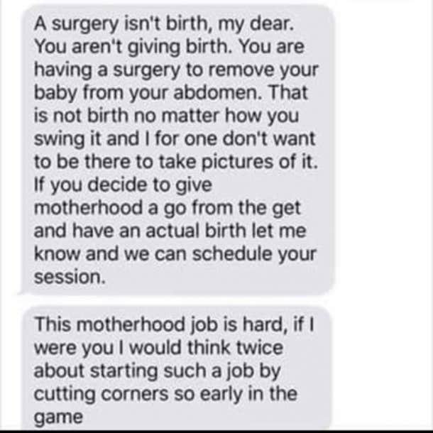 birth photographer refuses to shoot new mom after claiming having c-section is not giving birth