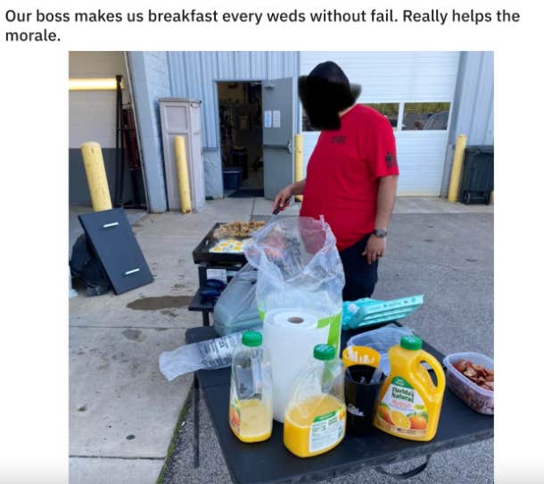 boss cooking breakfast for employees reddit