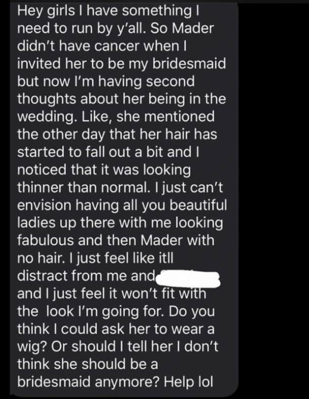 bride text message to wedding party about bridesmaid with cancer