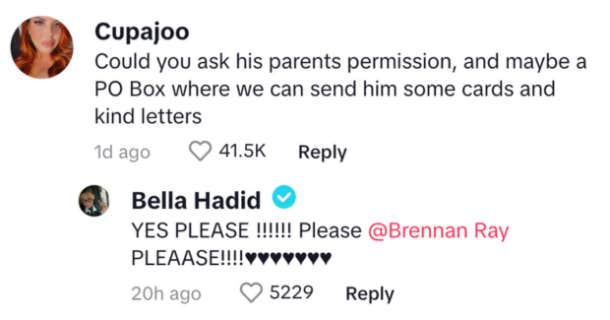 bella hadid commenting on videos about a bullied little boy going door to door looking for friends