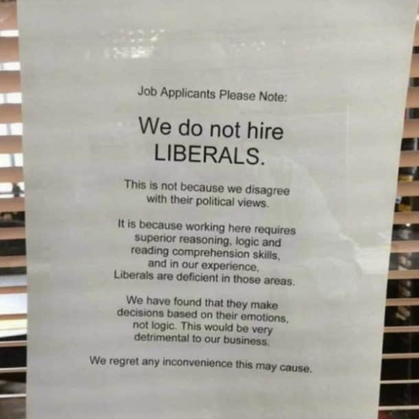 business hangs sign that claims they do not hire liberal employees