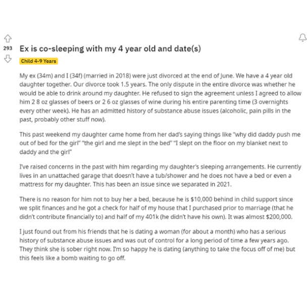 ex co-sleeping with 4-year-old and dates reddit post