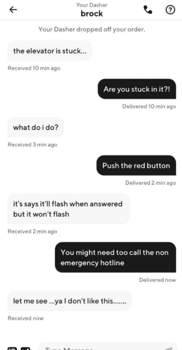 customer tips doordash driver after he gets stuck in elevator