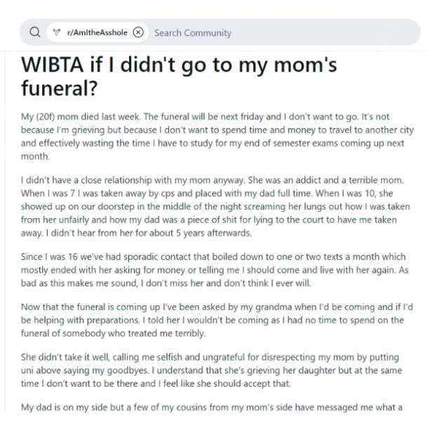 daughter won't go to mom's funeral