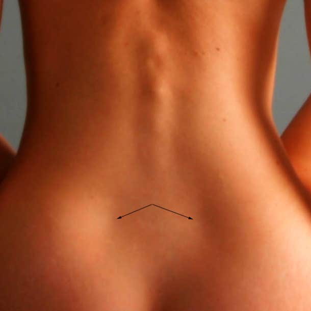 a woman's back is displayed with 2 arrows pointing to the location of the Dimples of Venus on her lwoer back above the buttocks