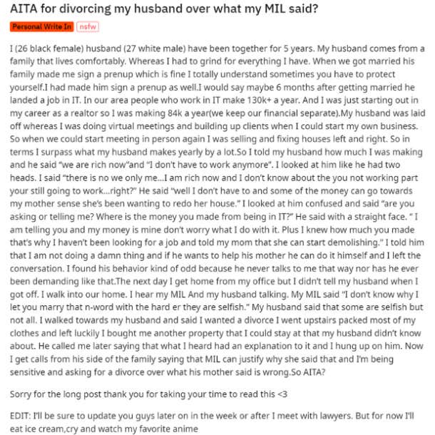 aita for divorcing my husband over what my MIL said reddit