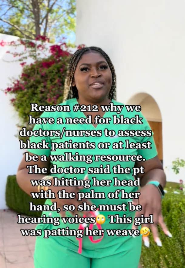 Nurse stands outside in green scrubs and explains the time a doctor misdiagnosed a Black patient as mentally ill when she was patting her weave.