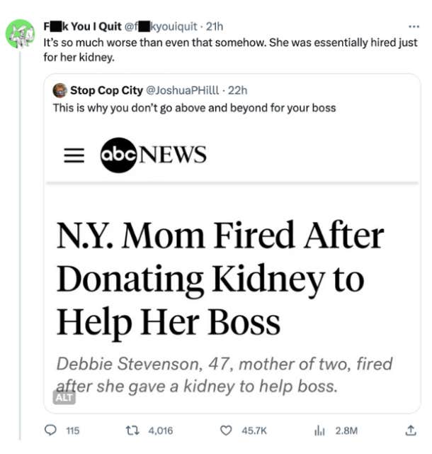 tweet about woman who donated an organ to her boss and got fired