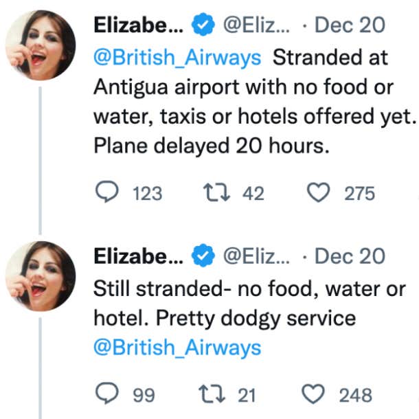 Tweets from Elizabeth Hurley criticizing British Airways over 12-hour Antigua airport delay