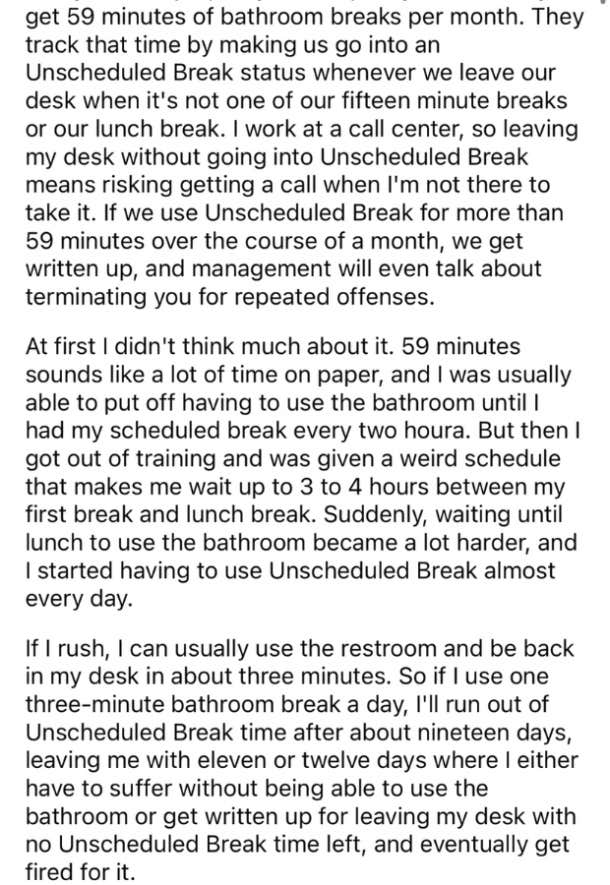 59 minute unscheduled break for bathroom reddit post