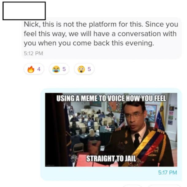 boss' response after employee sends meme in work chat