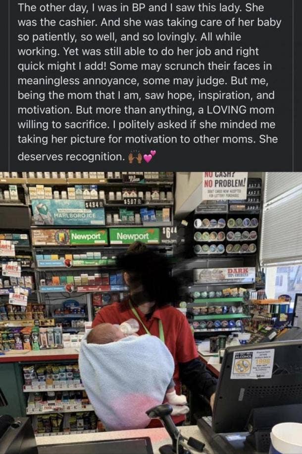Photo Of Mom Working At Cash Register While Holding Baby Divides Social Media Users - 28