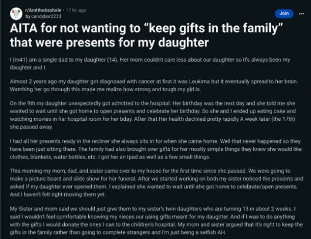 dad criticized for donating daughter's presents after her death reddit post