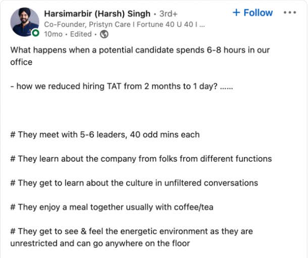 harsimarbir singh linkedin post spend time in office before being hired