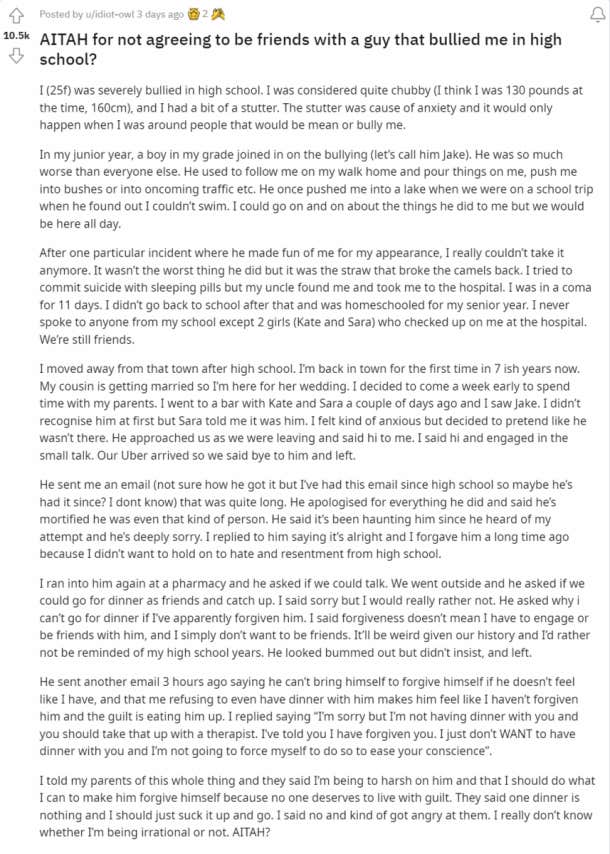 woman wont be friends with high school bully and parents criticize her