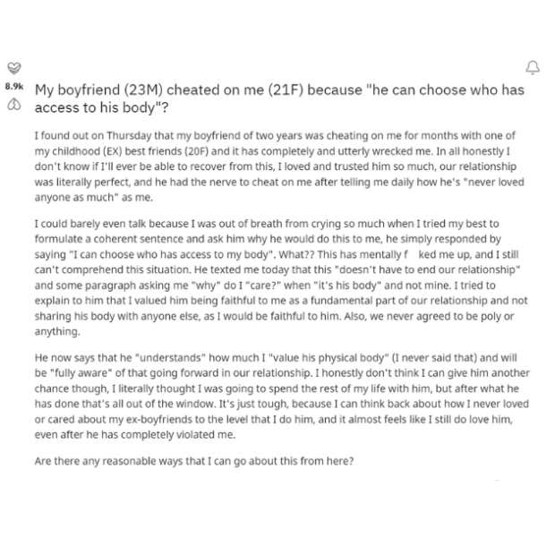 boyfriend cheated his body his choice reddit
