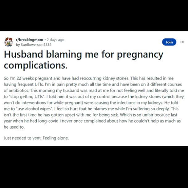 husband blames wife for frequent utis and pregnancy complications