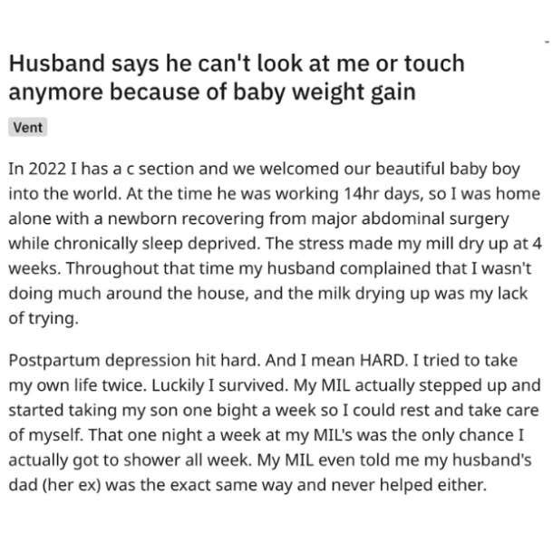 husband disgusted by wife's weight gain after having a baby