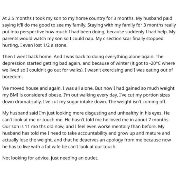 husband disgusted by wife's weight gain after having a baby