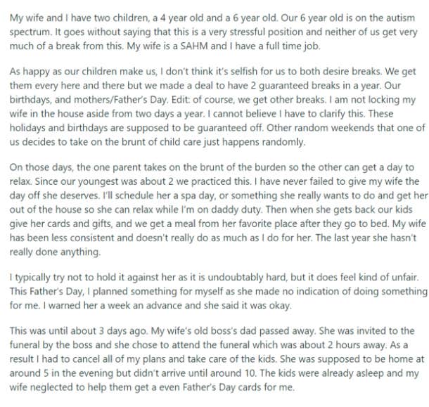 reddit prioritize funeral over father's day aita