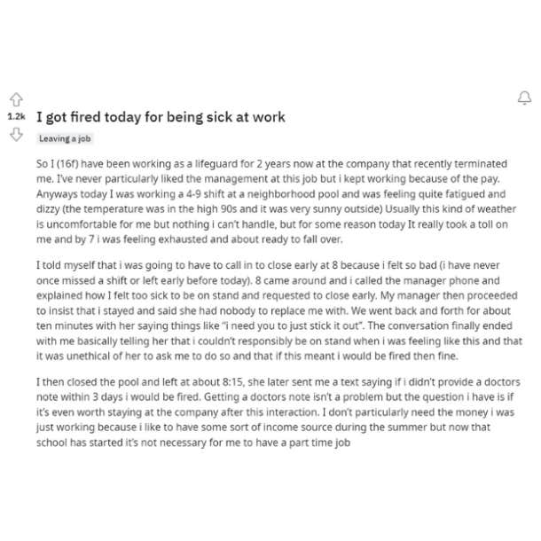 teen lifeguard fired while getting sick at work and manager told her to stick it out