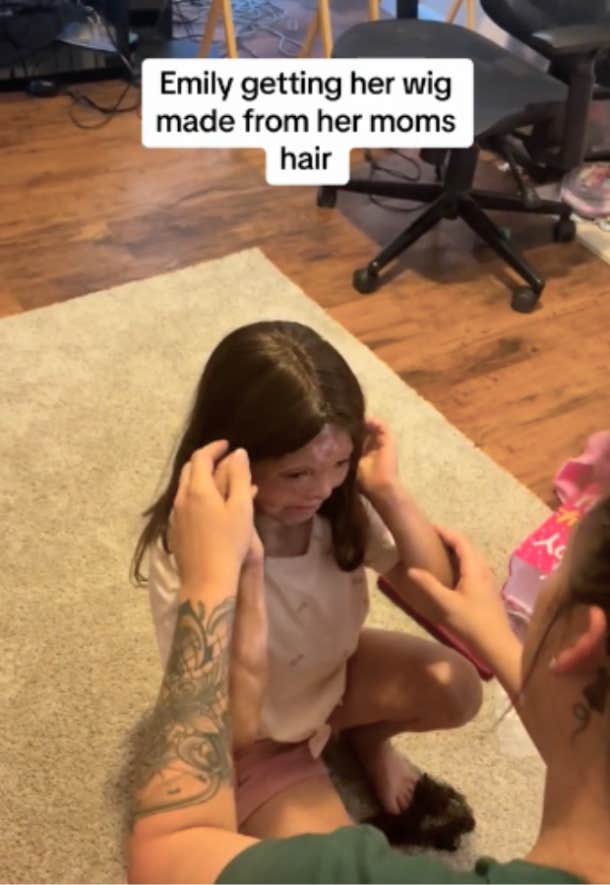 little girl receives wig made from mom's hair