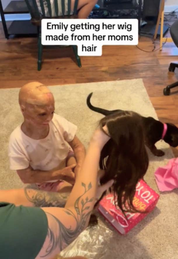 little girl receives wig made from mom's hair
