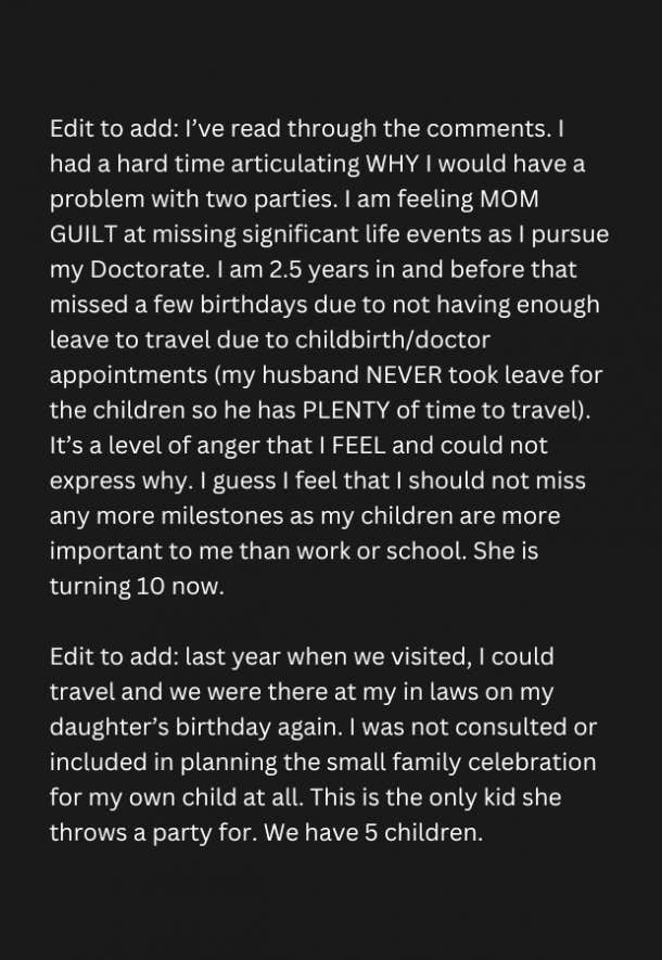 Reddit post of the user explaining why they were feeling a sense of "mom guilt" for not being able to attend her daughter's birthday party.