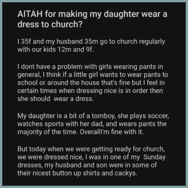 mom forces tomboy daughter to wear dress to church