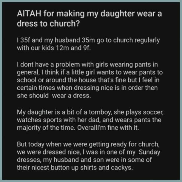 mom forces tomboy daughter to wear dress to church