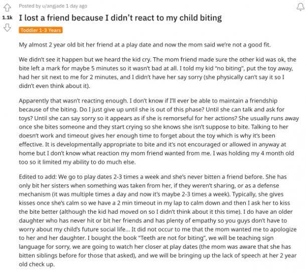 mom lost a friend because child bit another child reddit post