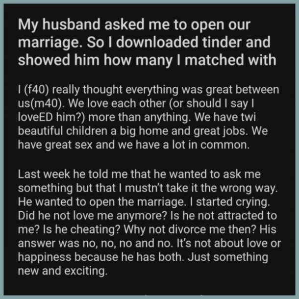 husband asks wife for open marriage then gets jealous