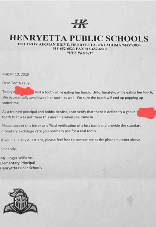 principal sends note home with student addressed to the tooth fairy