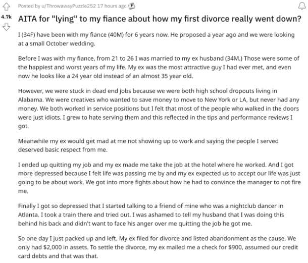 lying to fiance about first divorce reddit post
