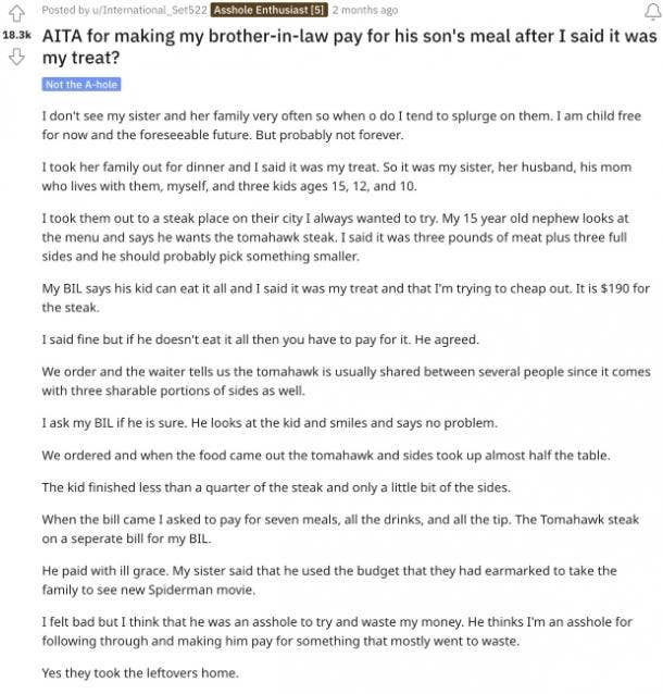 reddit aita for making my brother-in-law pay for son's meal