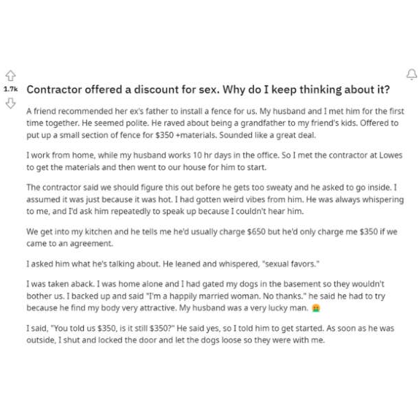 contractor asks woman to sleep with him in exchange for a discount