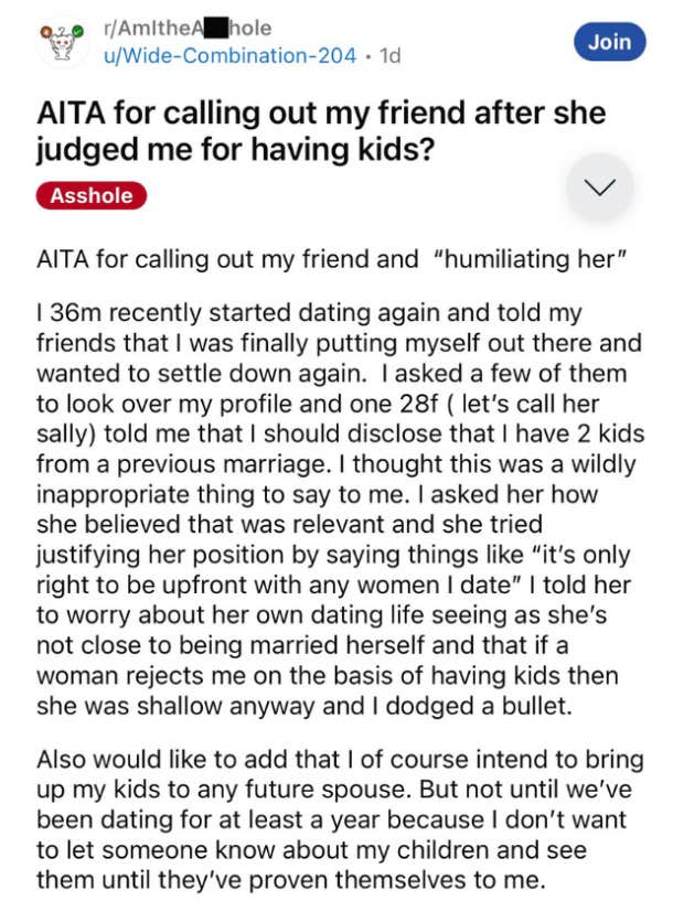 reddit post from dad not telling dates he has kids for at least a year