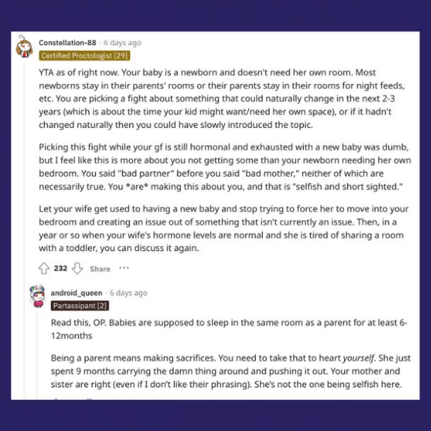 comments on reddit post about dad walking out on his partner because of their baby's sleeping arrangements
