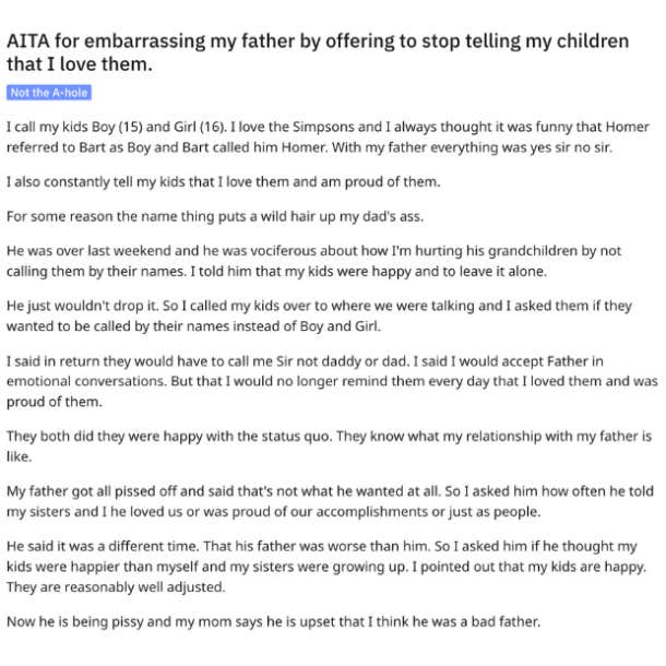 father asks kids of they want him to stop saying i love you reddit post