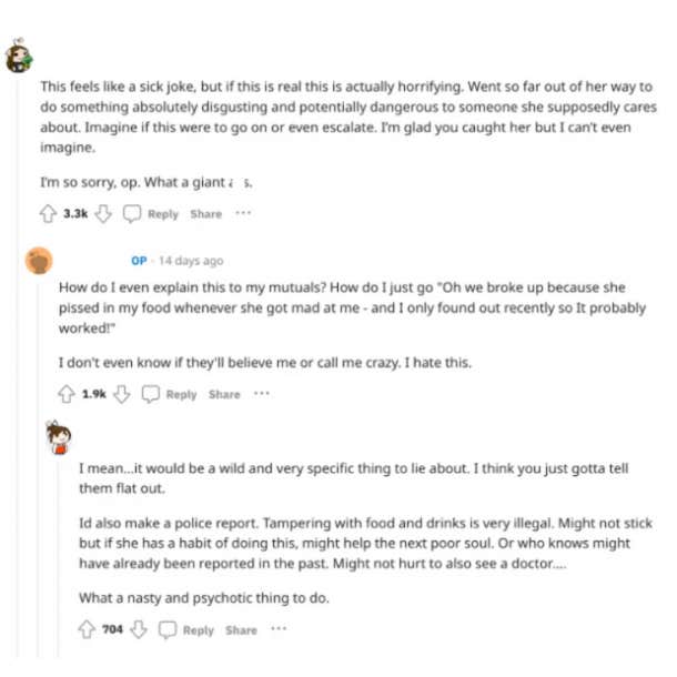 girlfriend pees in boyfriend's food reddit comments