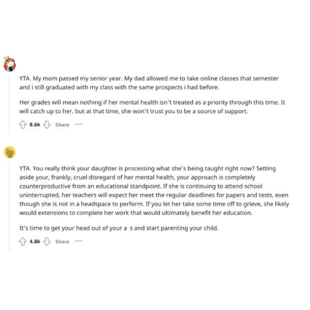 dad prioritizes grades of daughter's grief reddit comment