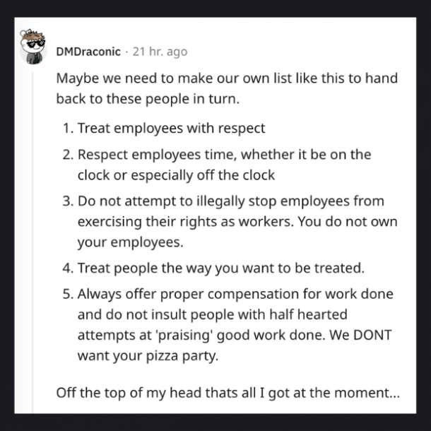 hr rep's suggestion list asking employees to do extra work