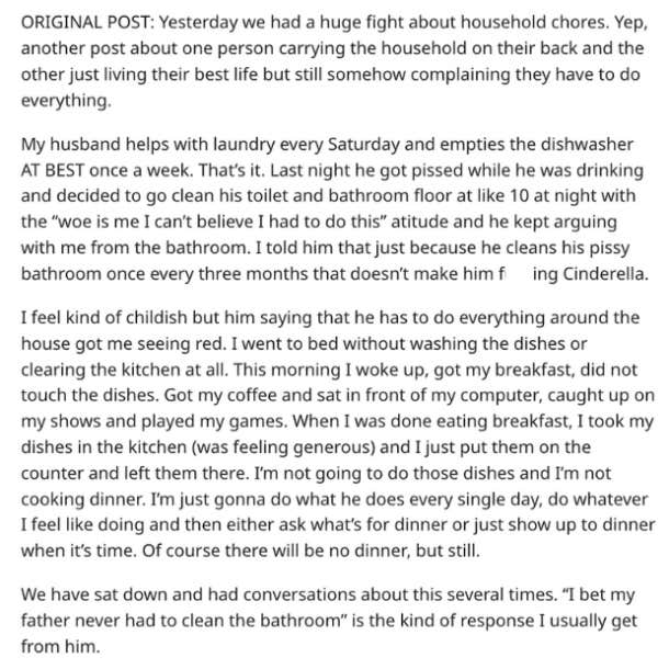woman stops doing housework after husband complains he does everything