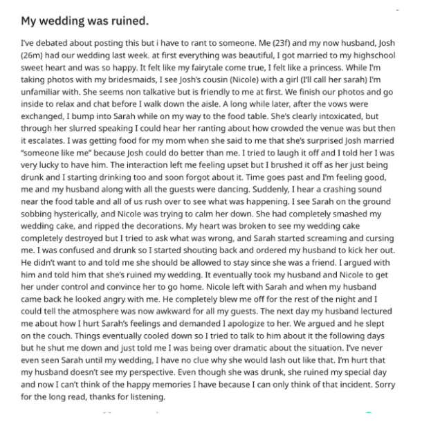 jealous guest smashed bride's wedding cake