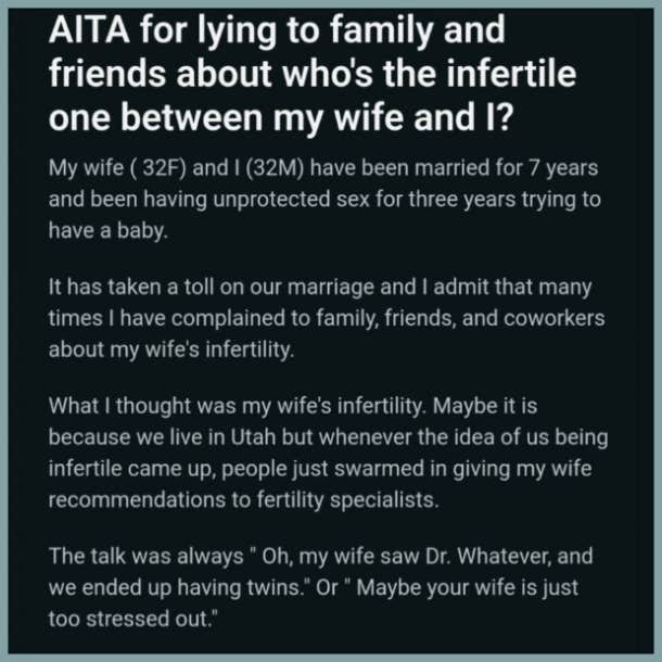 reddit story in which man blames his infertility on his wife
