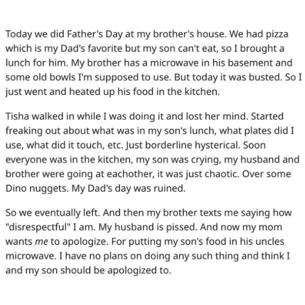 screenshot from reddit story about mom disrespecting dietary rules