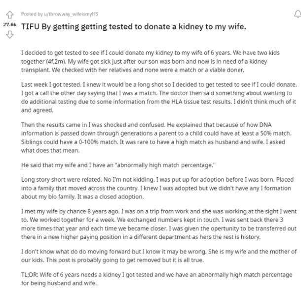 man finds out he is related to his wife after getting tested for kidney donation